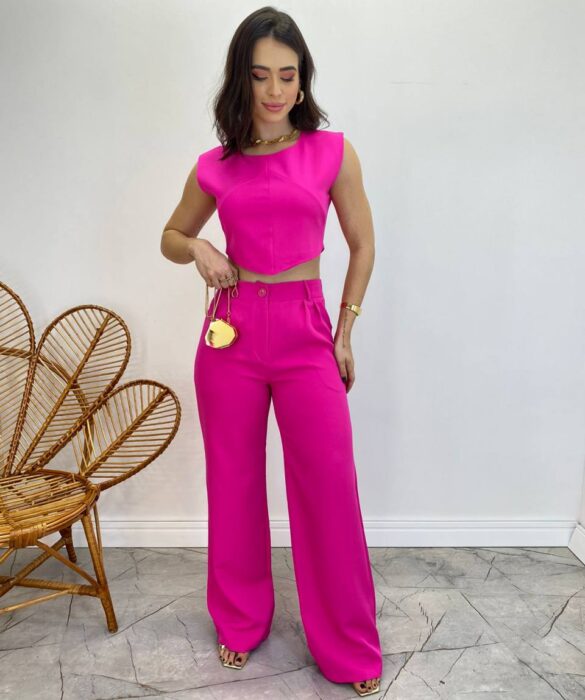 Conjunto Feminino Jéssica Cropped sem Bojo e Calça Pantalona Pink - Fernanda Ramos Store