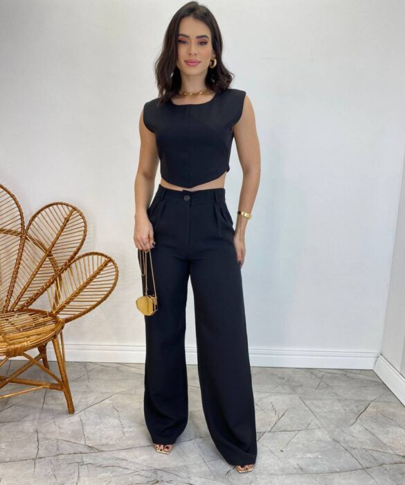 Conjunto Feminino Jéssica Cropped sem Bojo e Calça Pantalona Preto - Fernanda Ramos Store