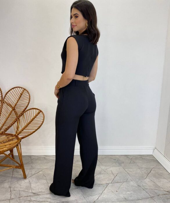 Conjunto Feminino Jéssica Cropped sem Bojo e Calça Pantalona Preto - Fernanda Ramos Store