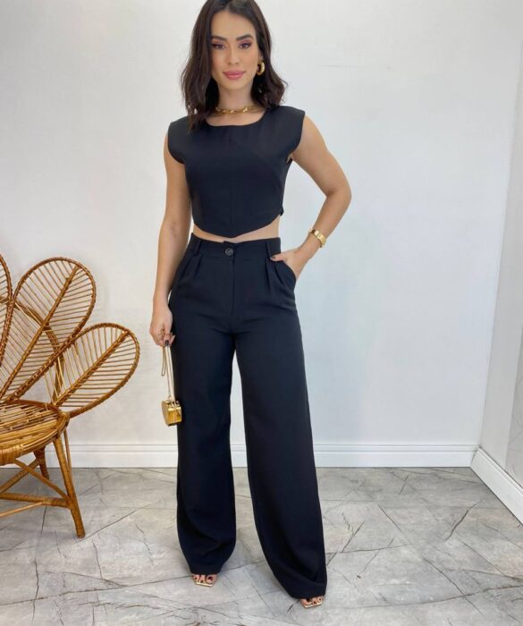 Conjunto Feminino Jéssica Cropped sem Bojo e Calça Pantalona Preto - Fernanda Ramos Store