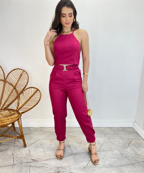 Conjunto Feminino Fernanda Calça com Cinto e Cropped sem Bojo Pink - Fernanda Ramos Store