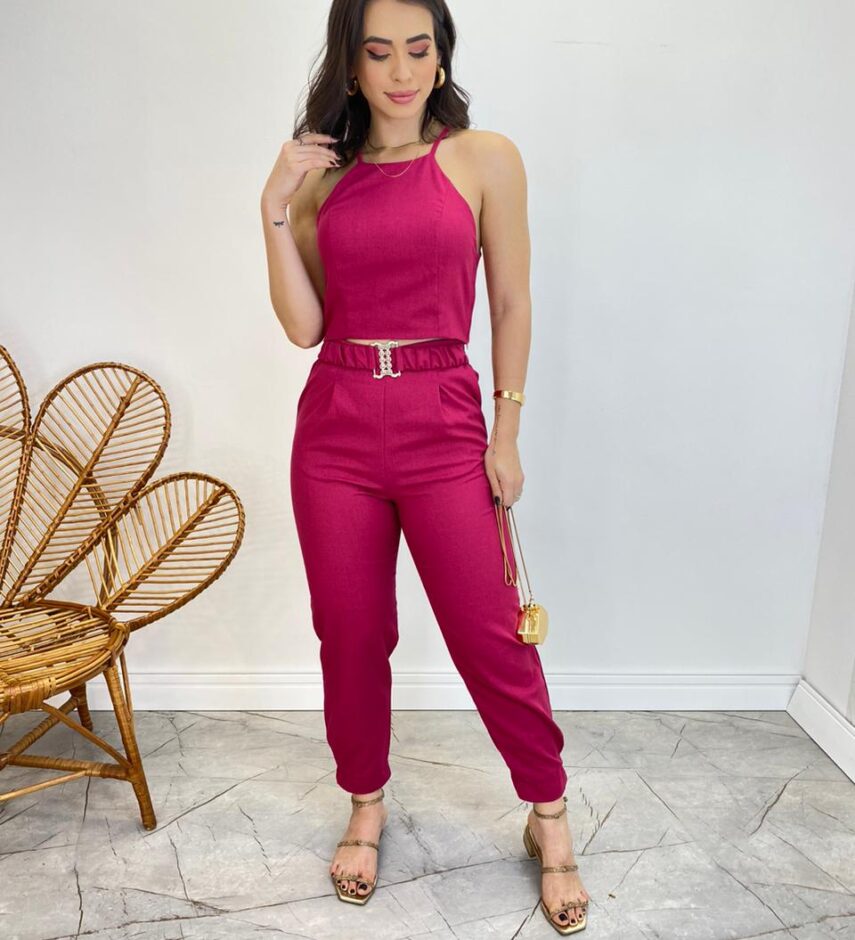 Conjunto Feminino Fernanda Calça com Cinto e Cropped sem Bojo Pink - Fernanda Ramos Store