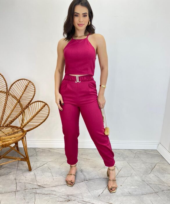 Conjunto Feminino Fernanda Calça com Cinto e Cropped sem Bojo Pink - Fernanda Ramos Store