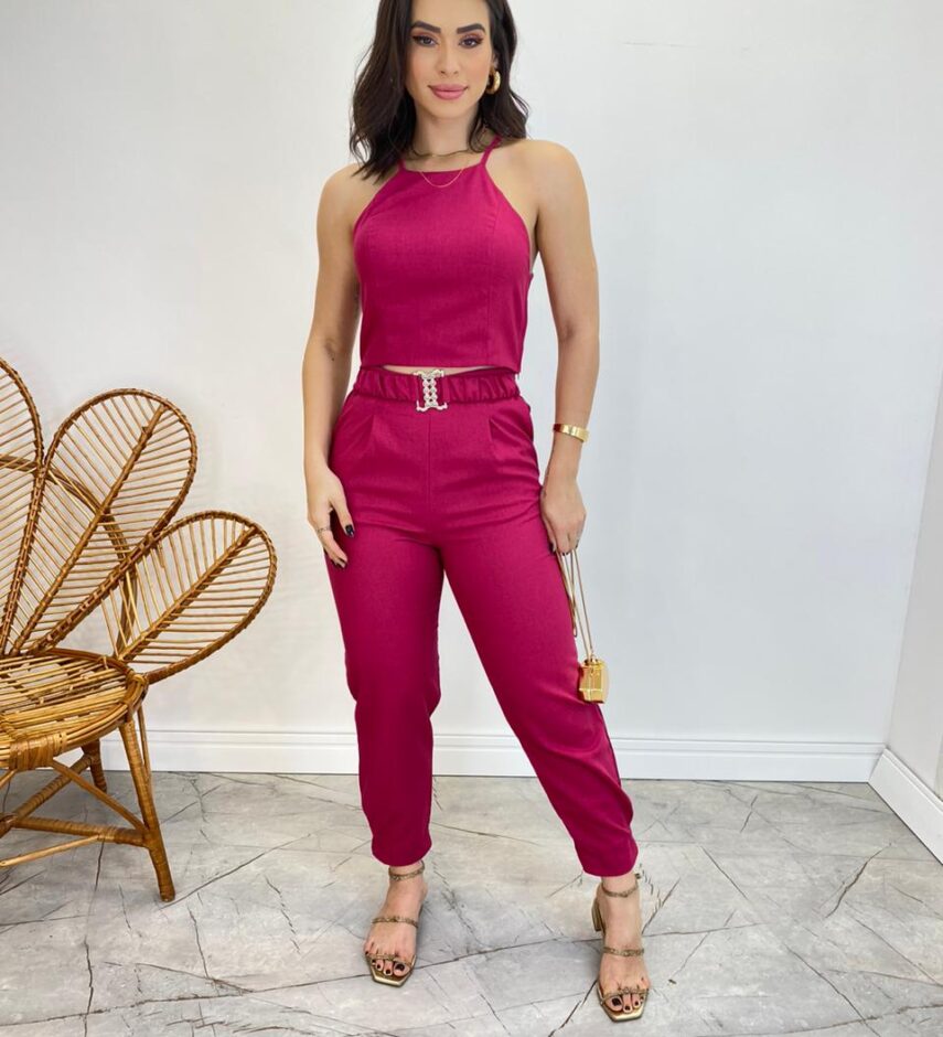 Conjunto Feminino Fernanda Calça com Cinto e Cropped sem Bojo Pink - Fernanda Ramos Store