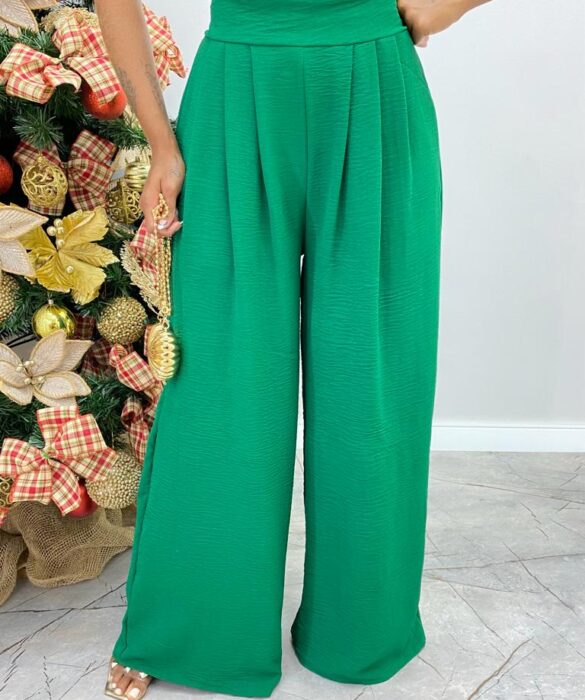 Conjunto Feminino Liz Cropped com Bojo e Calça Pantalona Verde - Fernanda Ramos Store