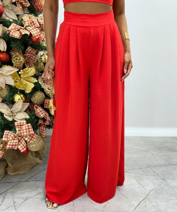 Conjunto Feminino Liz Cropped com Bojo e Calça Pantalona Vermelho - Fernanda Ramos Store