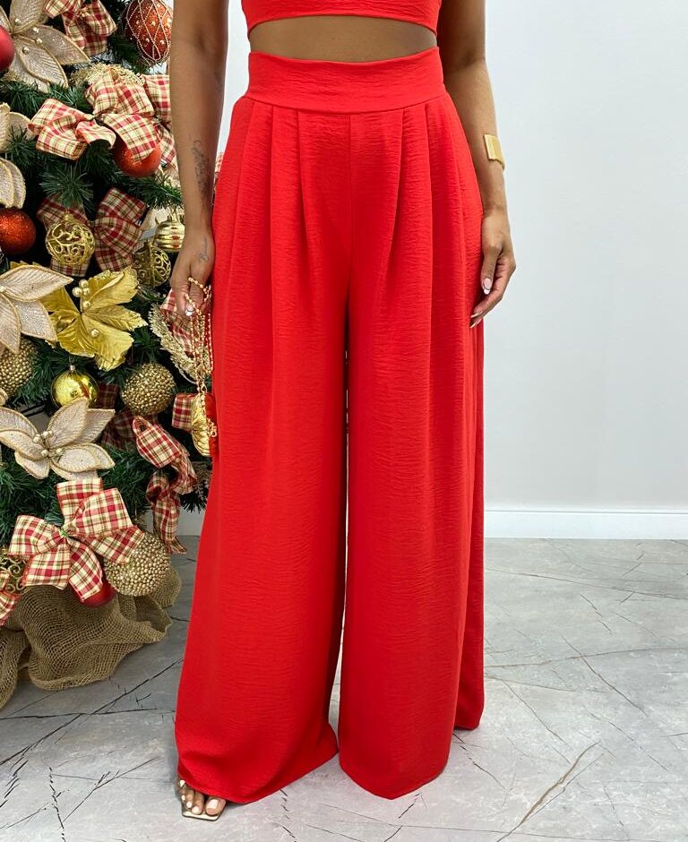 Conjunto Feminino Liz Cropped com Bojo e Calça Pantalona Vermelho - Fernanda Ramos Store