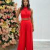 Conjunto Feminino Liz Cropped com Bojo e Calça Pantalona Vermelho - Fernanda Ramos Store