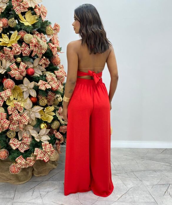 Conjunto Feminino Liz Cropped com Bojo e Calça Pantalona Vermelho - Fernanda Ramos Store