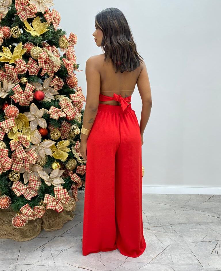 Conjunto Feminino Liz Cropped com Bojo e Calça Pantalona Vermelho - Fernanda Ramos Store