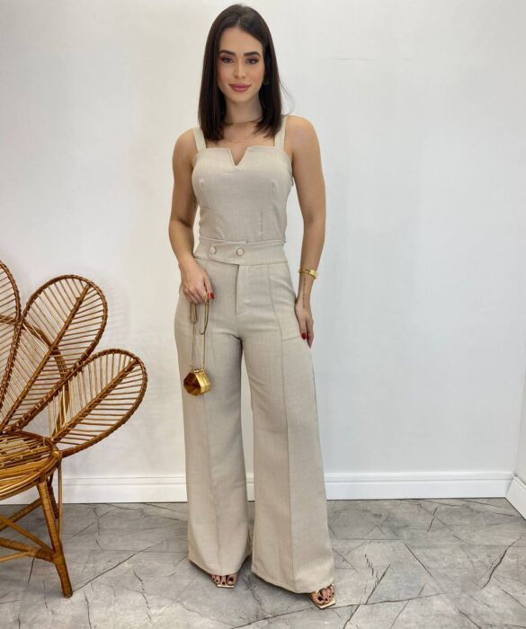 Conjunto Feminino Maitê Cropped e Calça Pantalona Bege - Fernanda Ramos Store