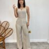 Conjunto Feminino Maitê Cropped e Calça Pantalona Bege - Fernanda Ramos Store