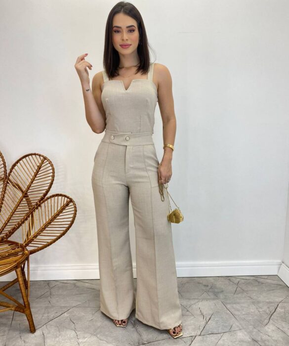 Conjunto Feminino Maitê Cropped e Calça Pantalona Bege - Fernanda Ramos Store