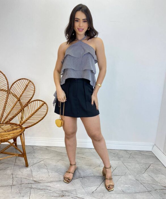 Cropped Bata Feminina sem Bojo Listrada com Babados Preto - Fernanda Ramos Store