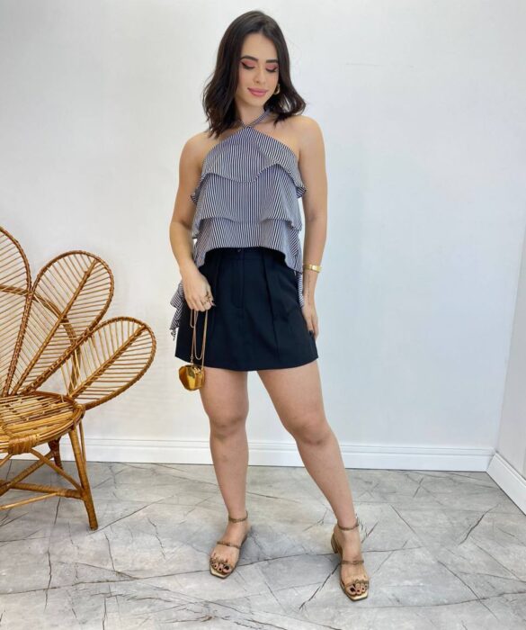 Cropped Bata Feminina sem Bojo Listrada com Babados Preto - Fernanda Ramos Store