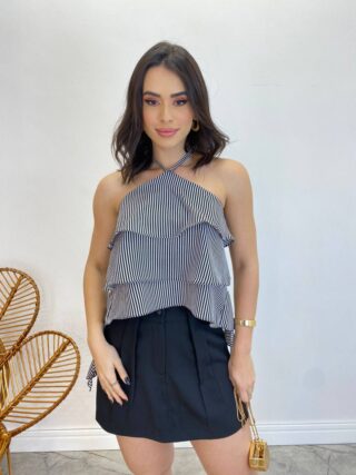 Cropped Bata Feminina sem Bojo Listrada com Babados Preto - Fernanda Ramos Store