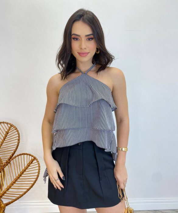 Cropped Bata Feminina sem Bojo Listrada com Babados Preto - Fernanda Ramos Store