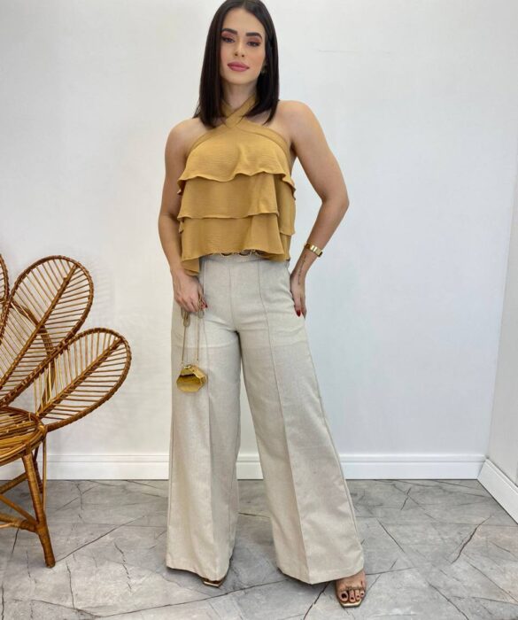 Cropped Bata Feminino Liz sem Bojo com Babados Caramelo - Fernanda Ramos Store