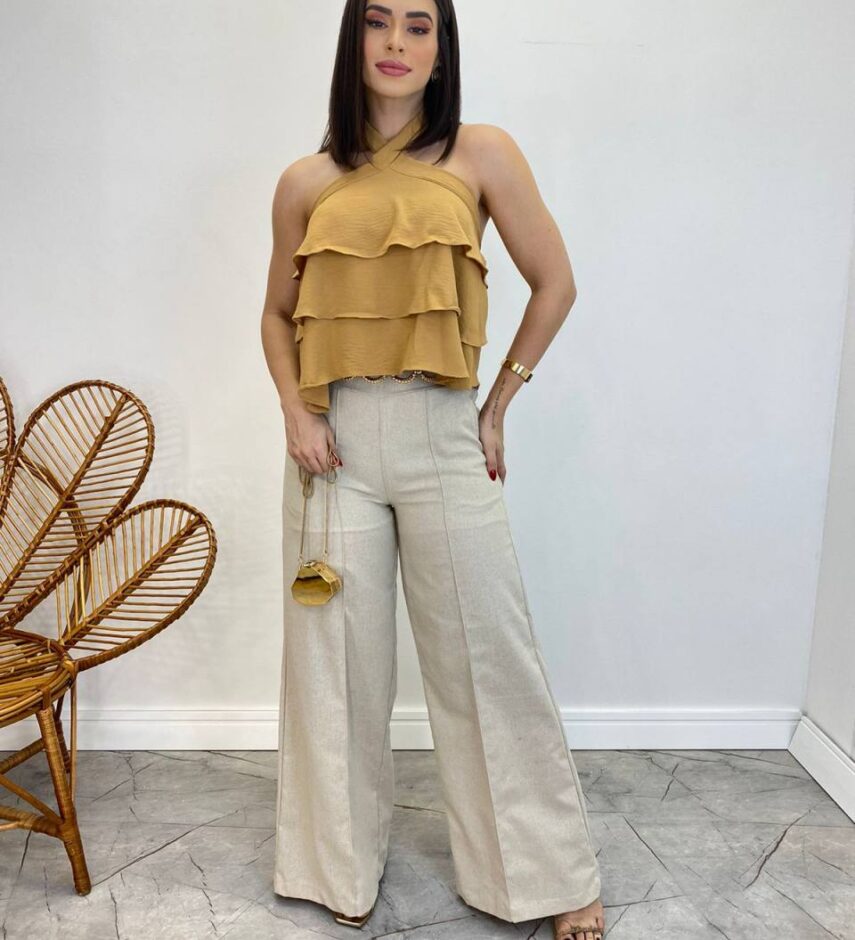 Cropped Bata Feminino Liz sem Bojo com Babados Caramelo - Fernanda Ramos Store