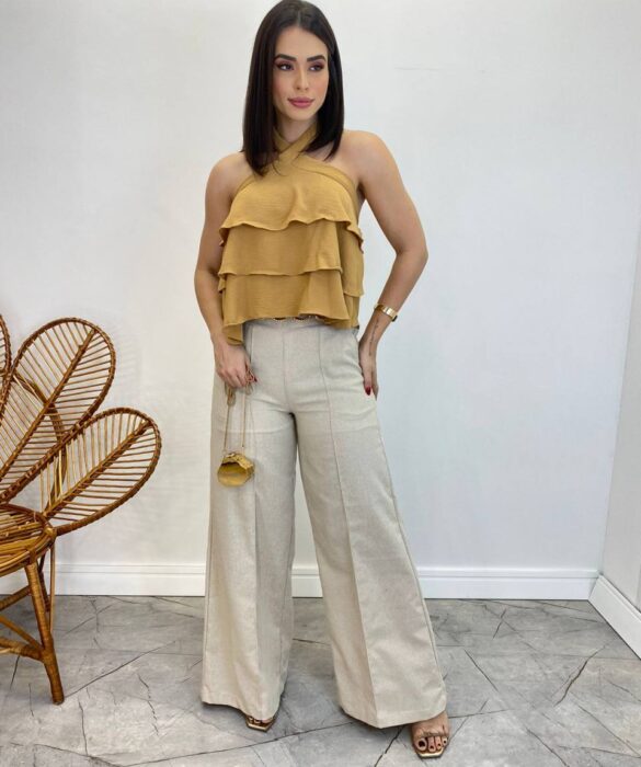 Cropped Bata Feminino Liz sem Bojo com Babados Caramelo - Fernanda Ramos Store