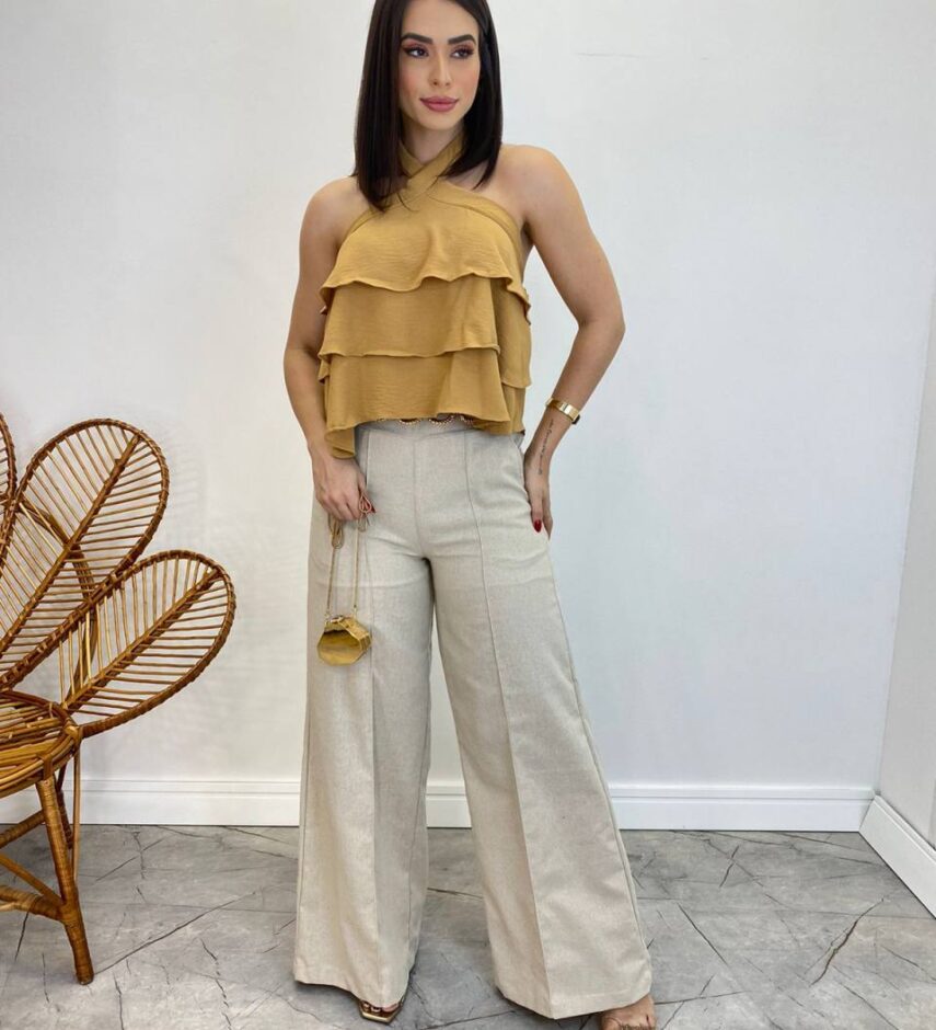 Cropped Bata Feminino Liz sem Bojo com Babados Caramelo - Fernanda Ramos Store