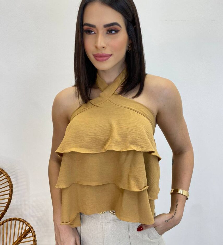 Cropped Bata Feminino Liz sem Bojo com Babados Caramelo - Fernanda Ramos Store