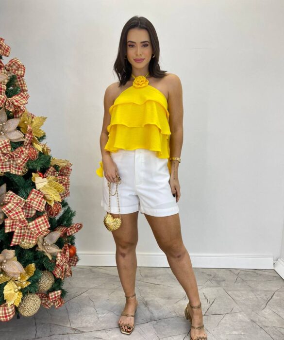 Cropped Bata Feminino sem Bojo com Babados Amarelo - Fernanda Ramos Store