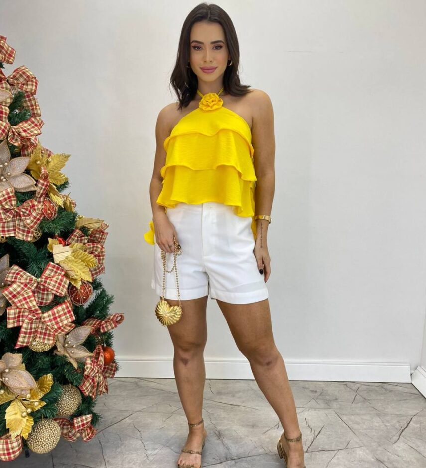 Cropped Bata Feminino sem Bojo com Babados Amarelo - Fernanda Ramos Store