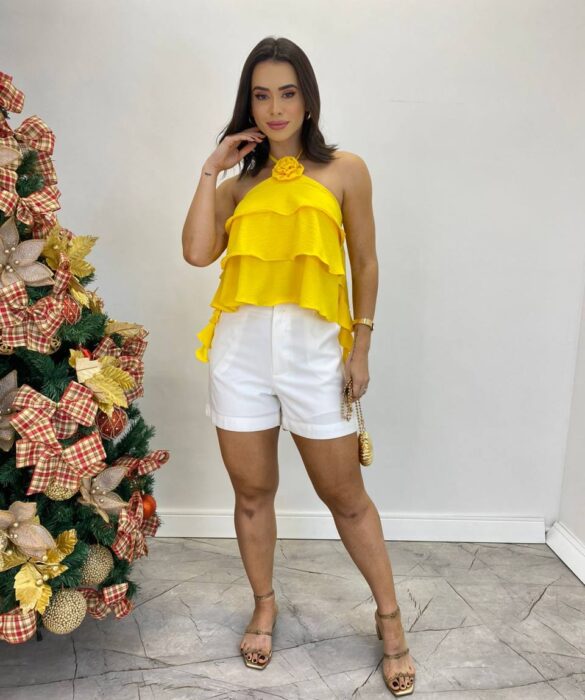 Cropped Bata Feminino sem Bojo com Babados Amarelo - Fernanda Ramos Store