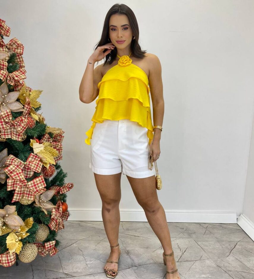 Cropped Bata Feminino sem Bojo com Babados Amarelo - Fernanda Ramos Store