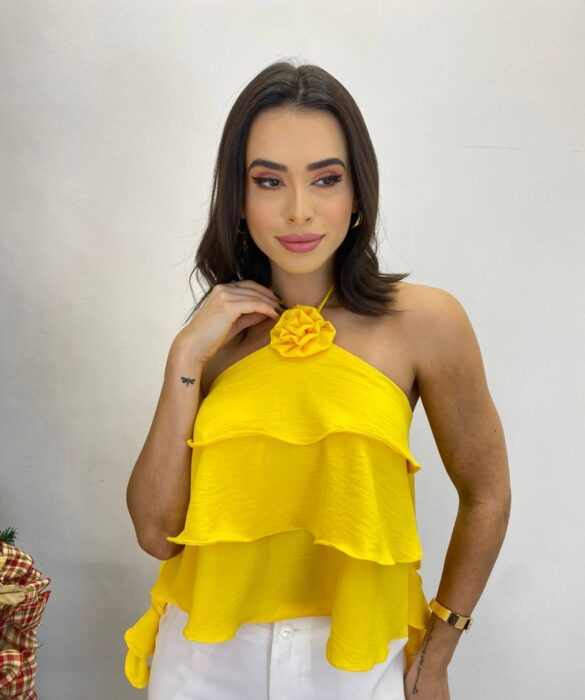 Cropped Bata Feminino sem Bojo com Babados Amarelo - Fernanda Ramos Store