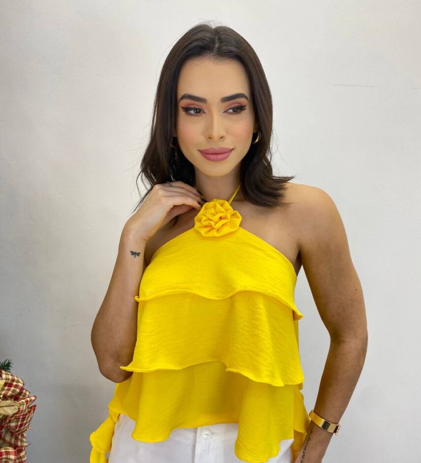 Cropped Bata Feminino sem Bojo com Babados Amarelo - Fernanda Ramos Store