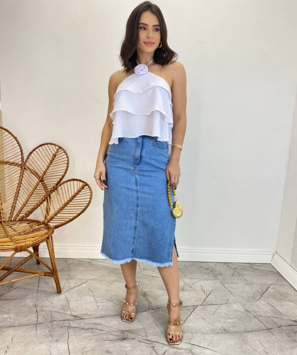 Cropped Bata Feminino sem Bojo com Babados Branco - Fernanda Ramos Store