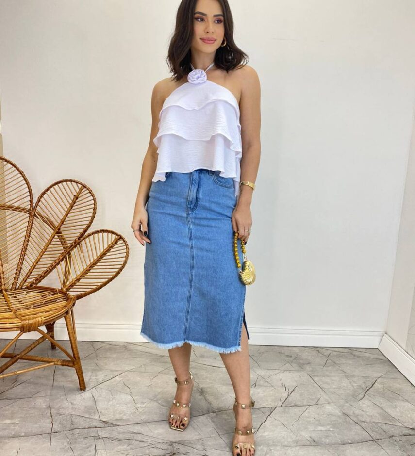 Cropped Bata Feminino sem Bojo com Babados Branco - Fernanda Ramos Store