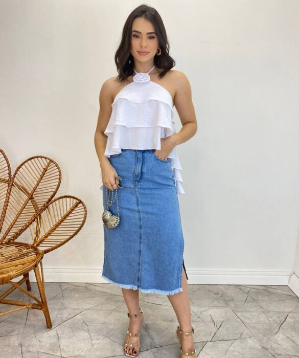 Cropped Bata Feminino sem Bojo com Babados Branco - Fernanda Ramos Store