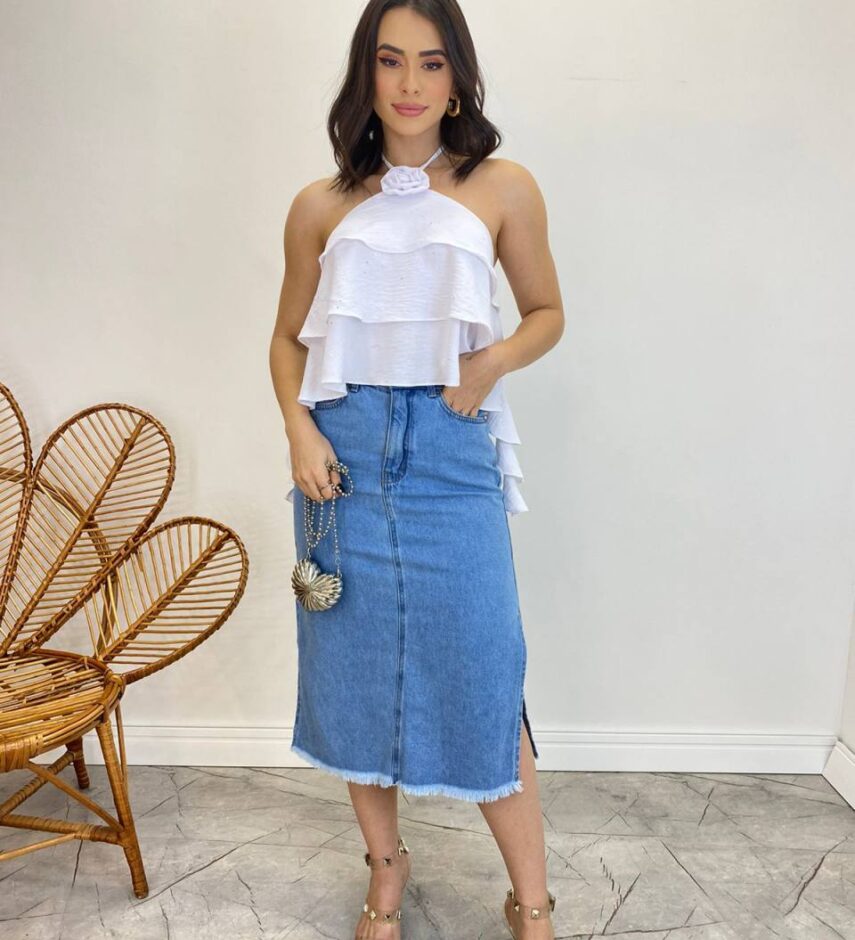 Cropped Bata Feminino sem Bojo com Babados Branco - Fernanda Ramos Store