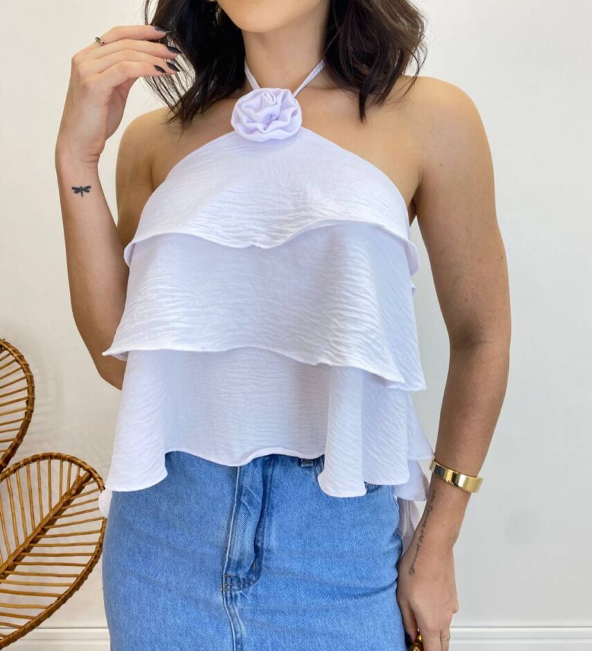 Cropped Bata Feminino sem Bojo com Babados Branco - Fernanda Ramos Store