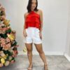 Cropped Bata Feminino sem Bojo com Babados e Brilho Vermelho - Fernanda Ramos Store