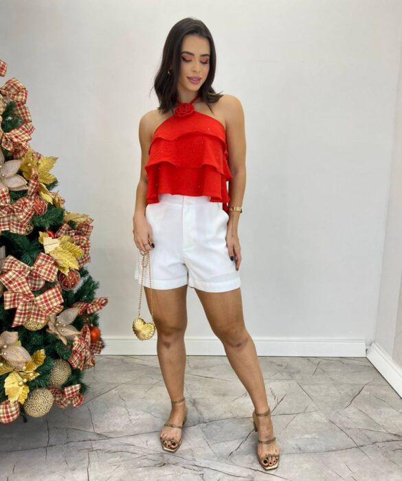 Cropped Bata Feminino sem Bojo com Babados e Brilho Vermelho - Fernanda Ramos Store