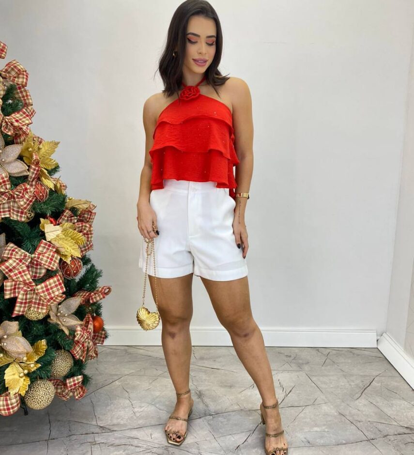 Cropped Bata Feminino sem Bojo com Babados e Brilho Vermelho - Fernanda Ramos Store