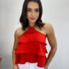 Cropped Bata Feminino sem Bojo com Babados e Brilho Vermelho - Fernanda Ramos Store