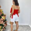 Cropped Bata Feminino sem Bojo com Babados e Brilho Vermelho - Fernanda Ramos Store