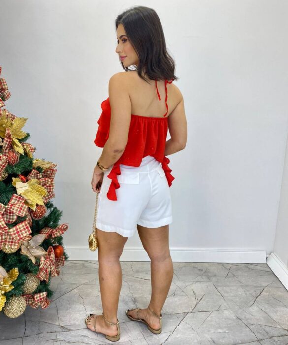 Cropped Bata Feminino sem Bojo com Babados e Brilho Vermelho - Fernanda Ramos Store