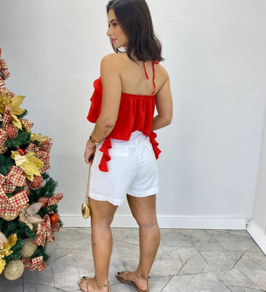Cropped Bata Feminino sem Bojo com Babados e Brilho Vermelho - Fernanda Ramos Store