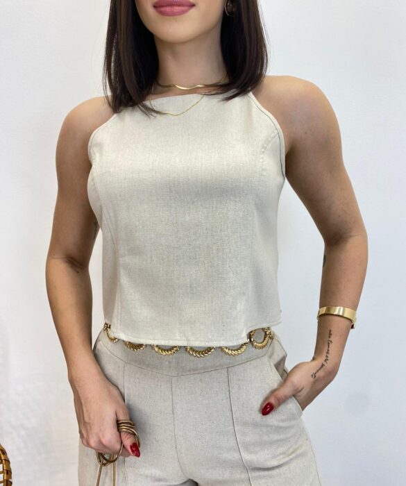 Cropped Feminino Ana Júlia sem Bojo com Alça Fina Bege - Fernanda Ramos Store