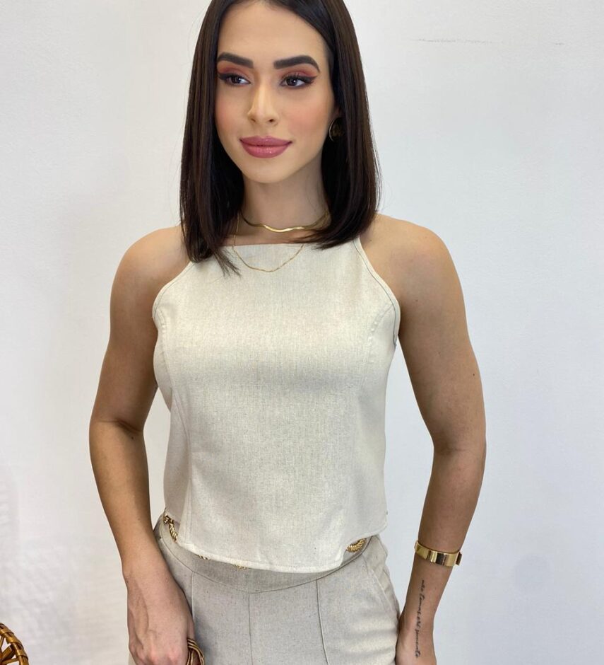 Cropped Feminino Ana Júlia sem Bojo com Alça Fina Bege - Fernanda Ramos Store