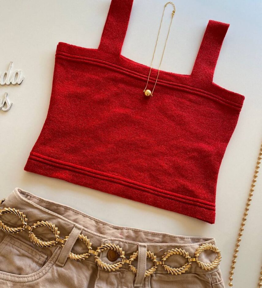 Cropped Feminino Antonella Lurex sem Bojo Vermelho - Fernanda Ramos Store