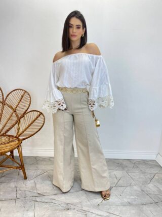 Cropped Feminino Bia Ombro a Ombro Branco com Manga Ampla - Fernanda Ramos Store