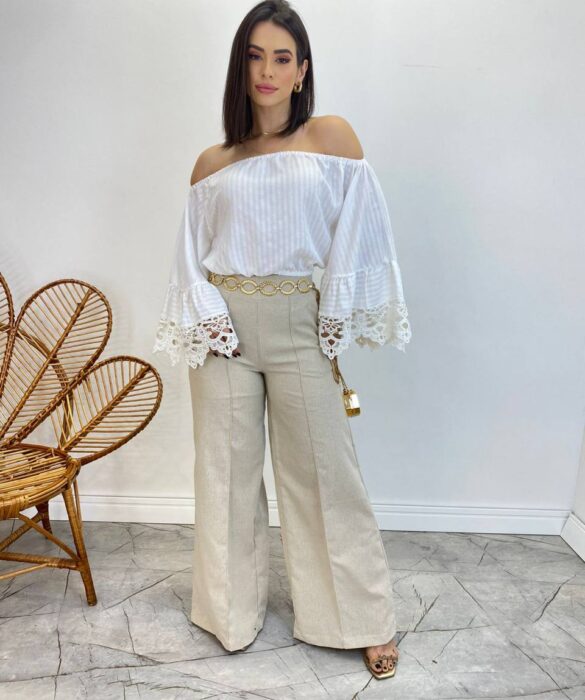 Cropped Feminino Bia Ombro a Ombro Branco com Manga Ampla - Fernanda Ramos Store