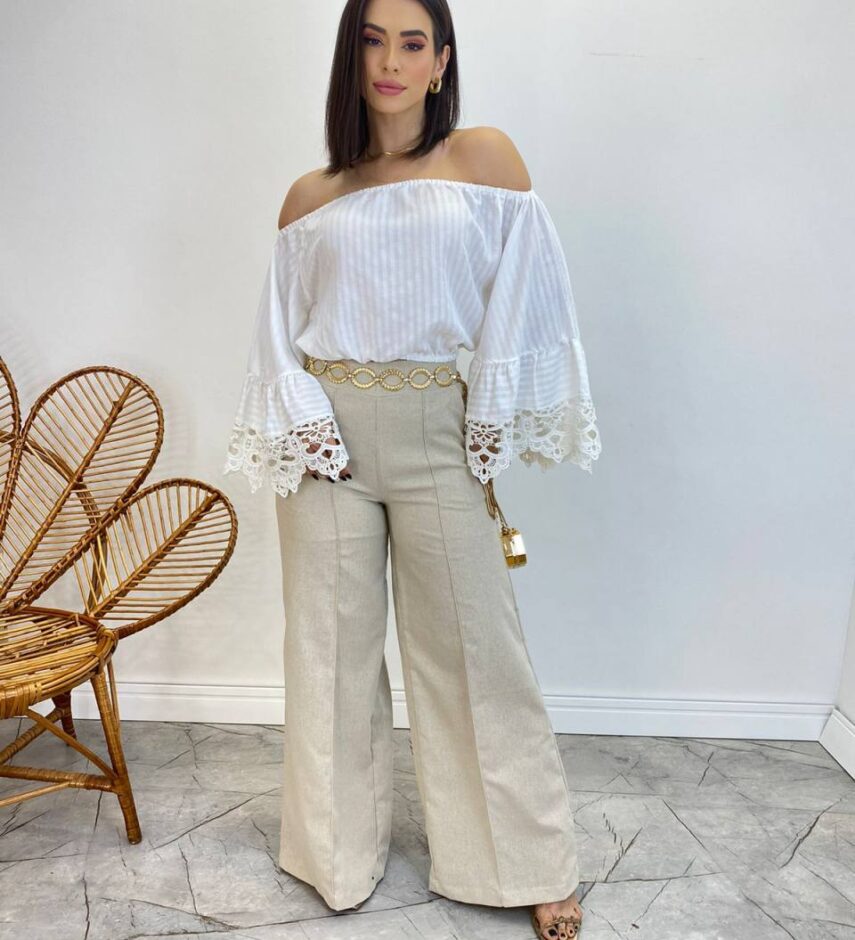Cropped Feminino Bia Ombro a Ombro Branco com Manga Ampla - Fernanda Ramos Store